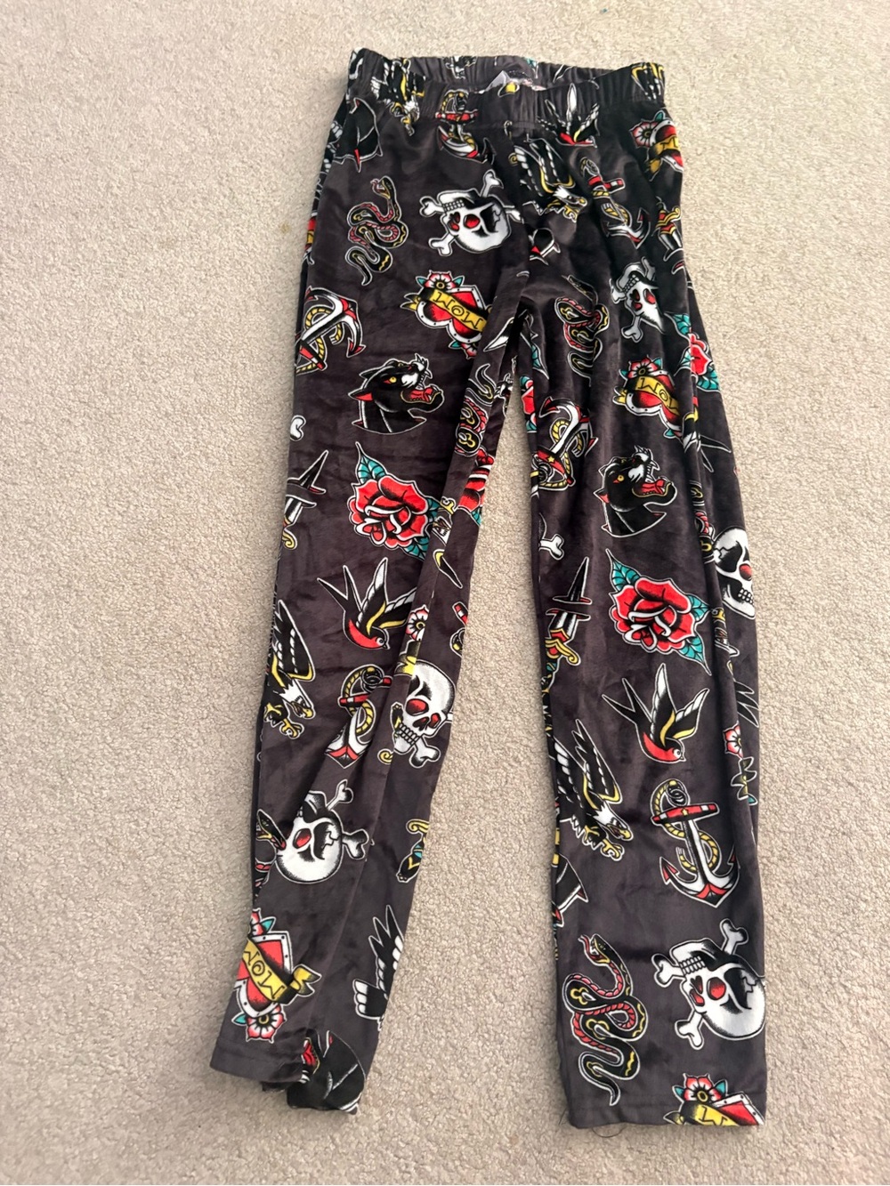 Krush Black PJ Pants with Red Rose and Multicolor Tattoo Motifs